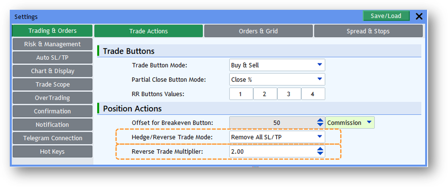 Screenshot: Hedge & Reverse Panel