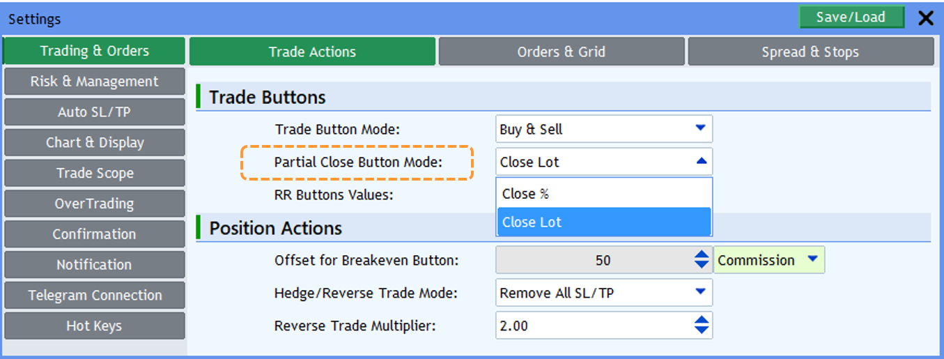 Screenshot: Partial Close Button